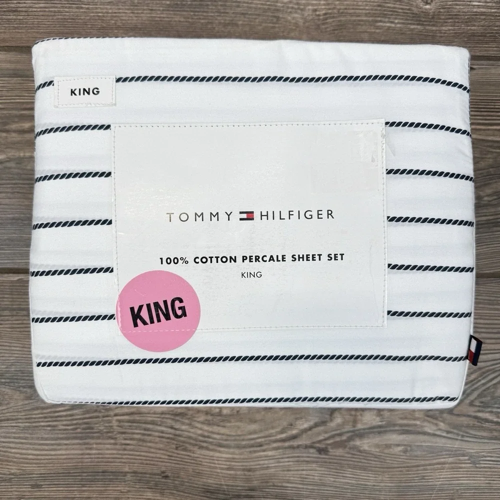 Tommy Hilfiger Rope Stripe KING Sheet Set 100% Cotton Blue White NEW‎